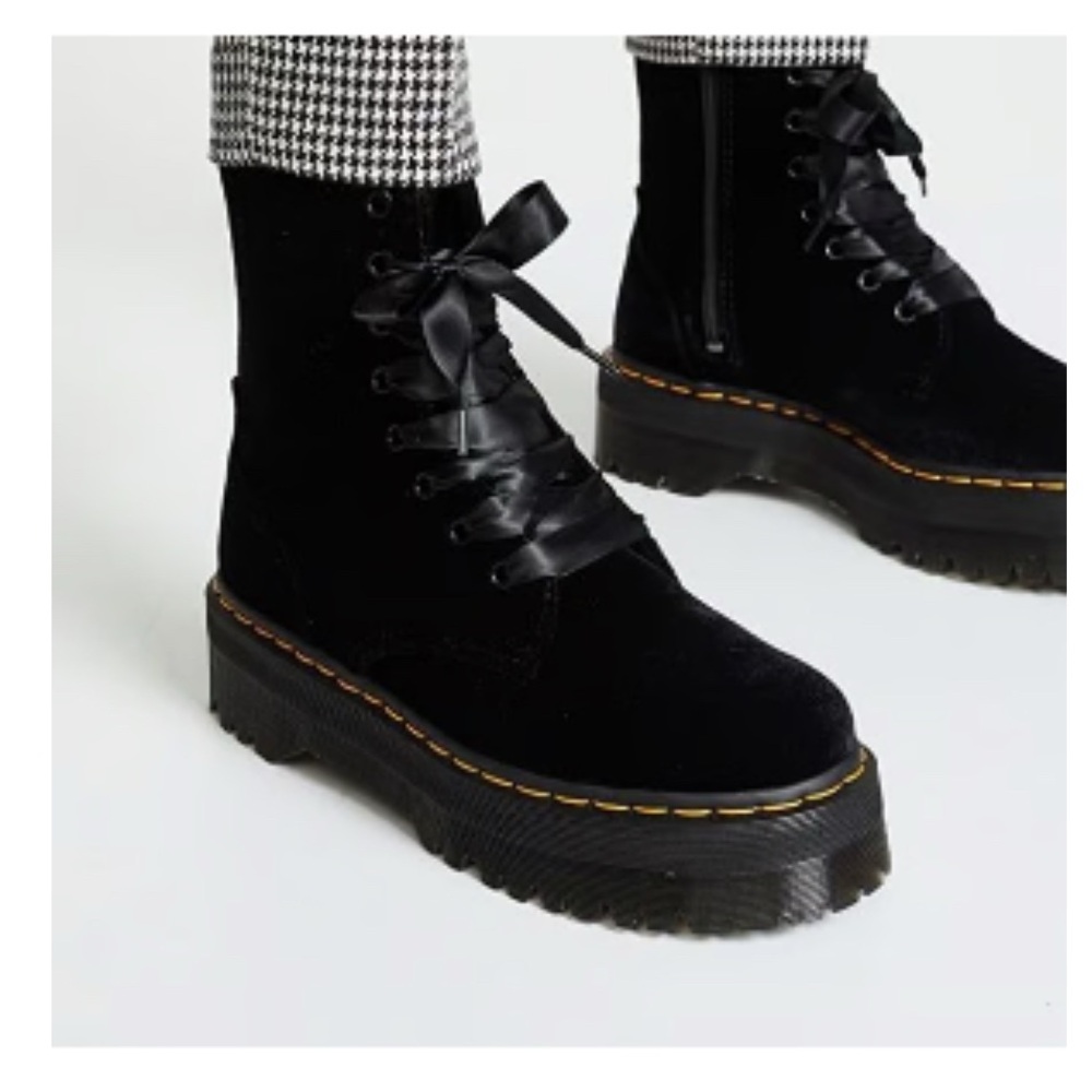 Dr. Martens Black Velvet Combat Boots with Platform Sole